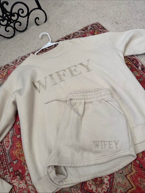 Brandy Melville Sweaters - Wifey bride bachelorette Embroidered Crewneck and shorts set - Beige
